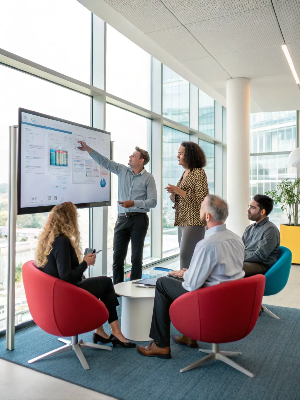 A consultant discussing AI automation strategies with a business team in a modern office setting, emphasizing collaboration and innovation.