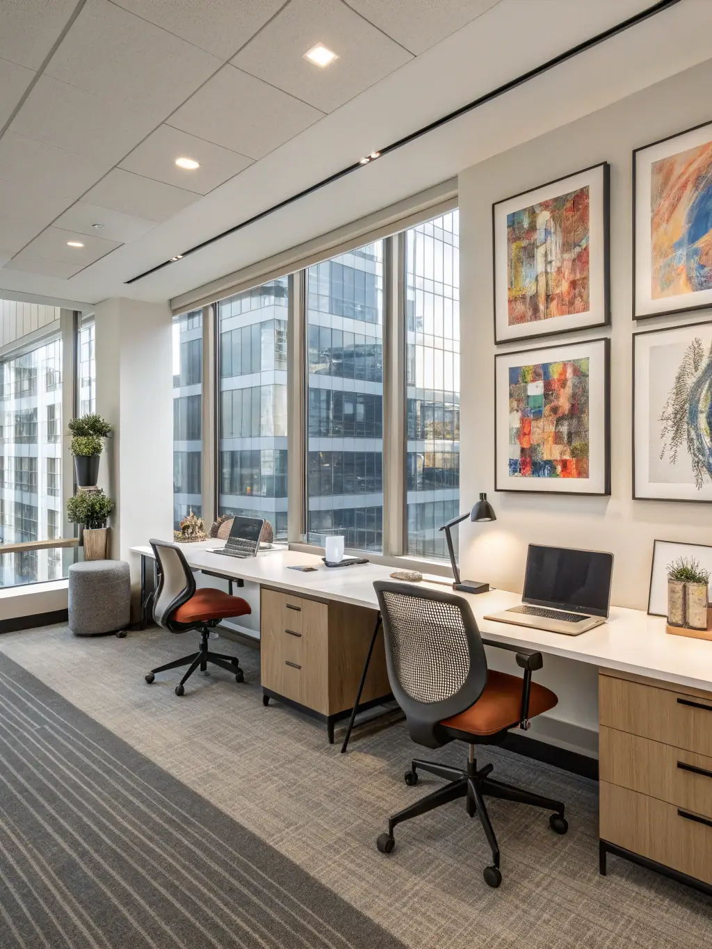 A modern, clean office space with desks neatly arranged and gleaming floors, reflecting the professional commercial cleaning services of Elevated Clean Co.