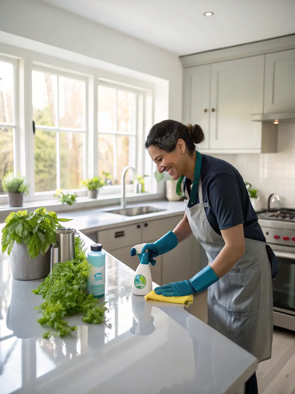 A close-up shot of a cleaning professional carefully wiping down a kitchen counter with eco-friendly cleaning products, highlighting Elevated Clean Co.'s commitment to sustainability.