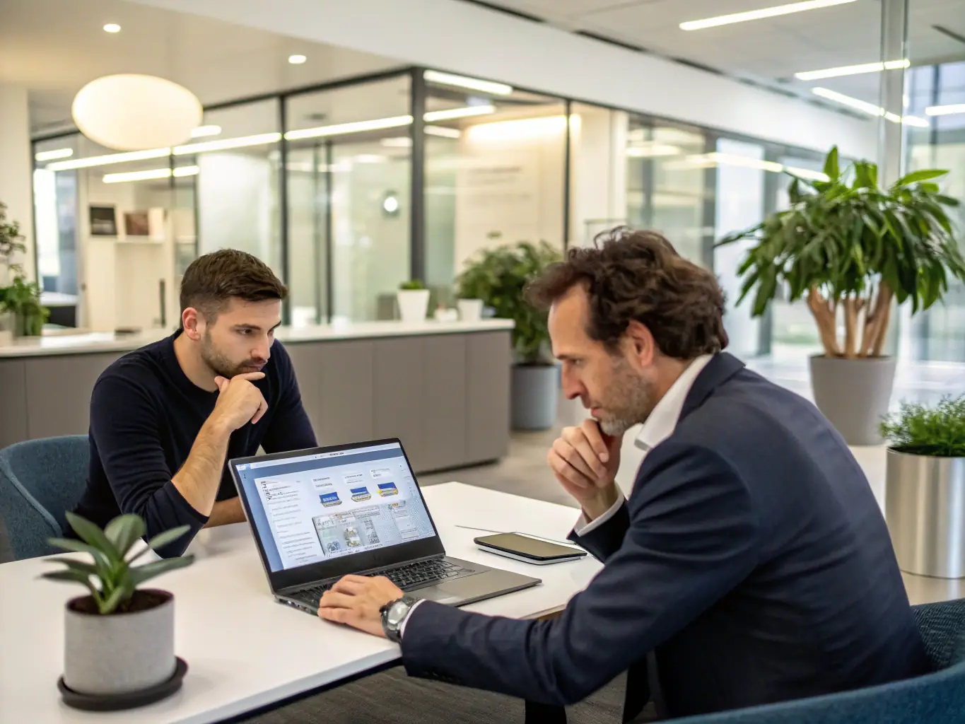 A consultant analyzing business processes with AI-powered software on a laptop, highlighting areas for automation and efficiency improvements.