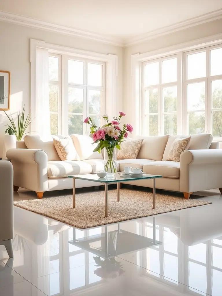 A brightly lit, spotless living room with sunlight streaming through the windows, showcasing a freshly cleaned home environment by Elevated Clean Co.