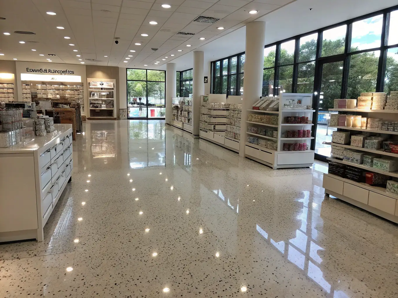 A clean and organized retail space with polished floors and spotless shelves, reflecting the high standards of Elevated Clean Co's commercial cleaning.