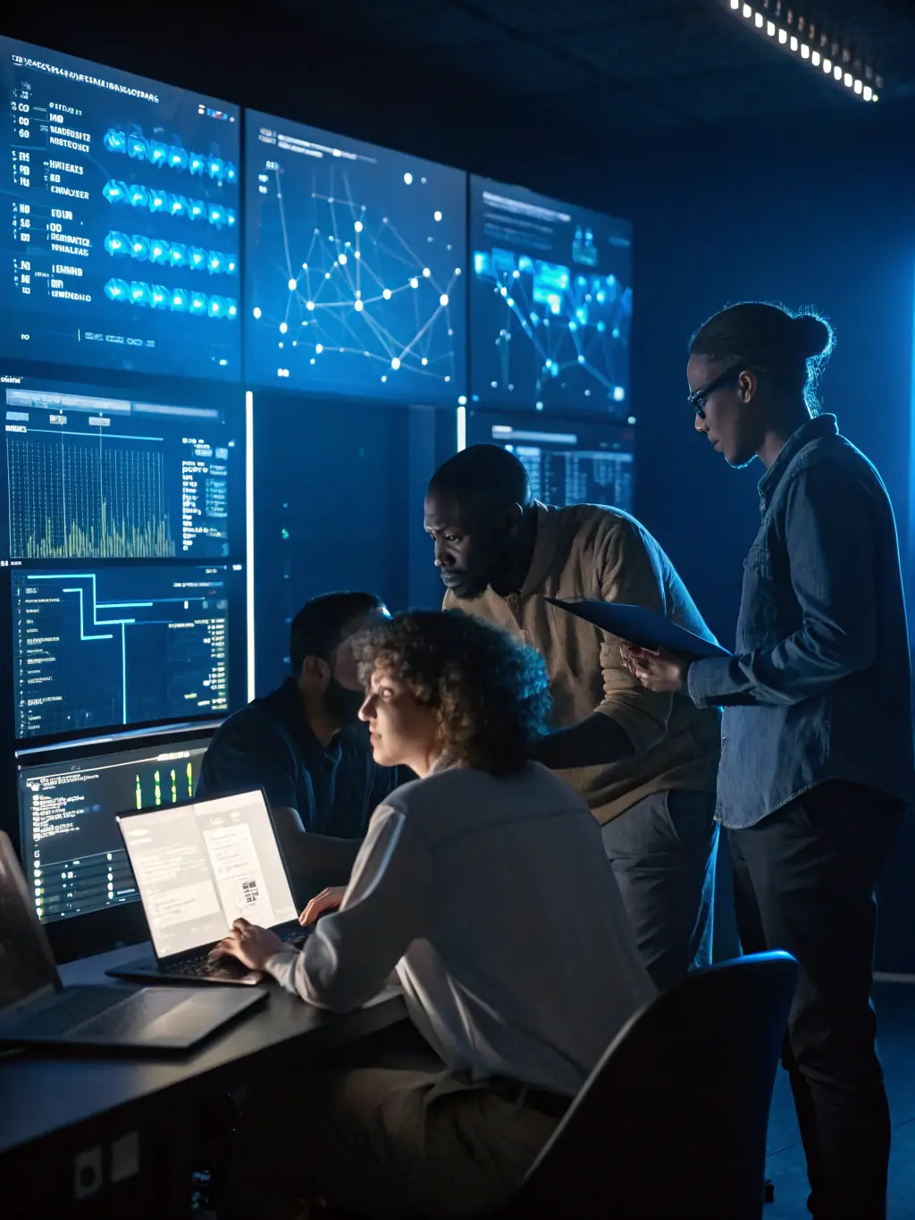 A team discussing AI automation strategies in a modern office, showcasing the implementation of AI solutions for business efficiency.