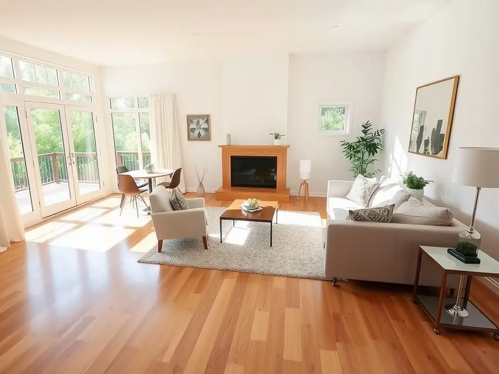 A bright, airy living room with gleaming hardwood floors and perfectly arranged furniture, showcasing the pristine results of Elevated Clean Co's residential cleaning service.