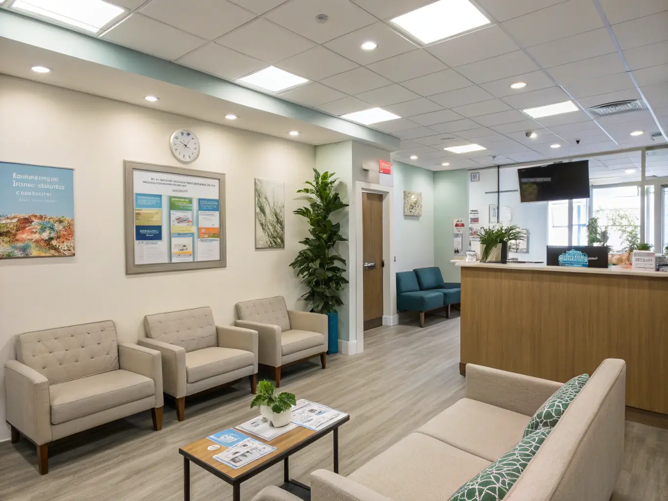 A pristine medical office waiting area, emphasizing the importance of cleanliness and hygiene in healthcare settings, cleaned by Elevated Clean Co.