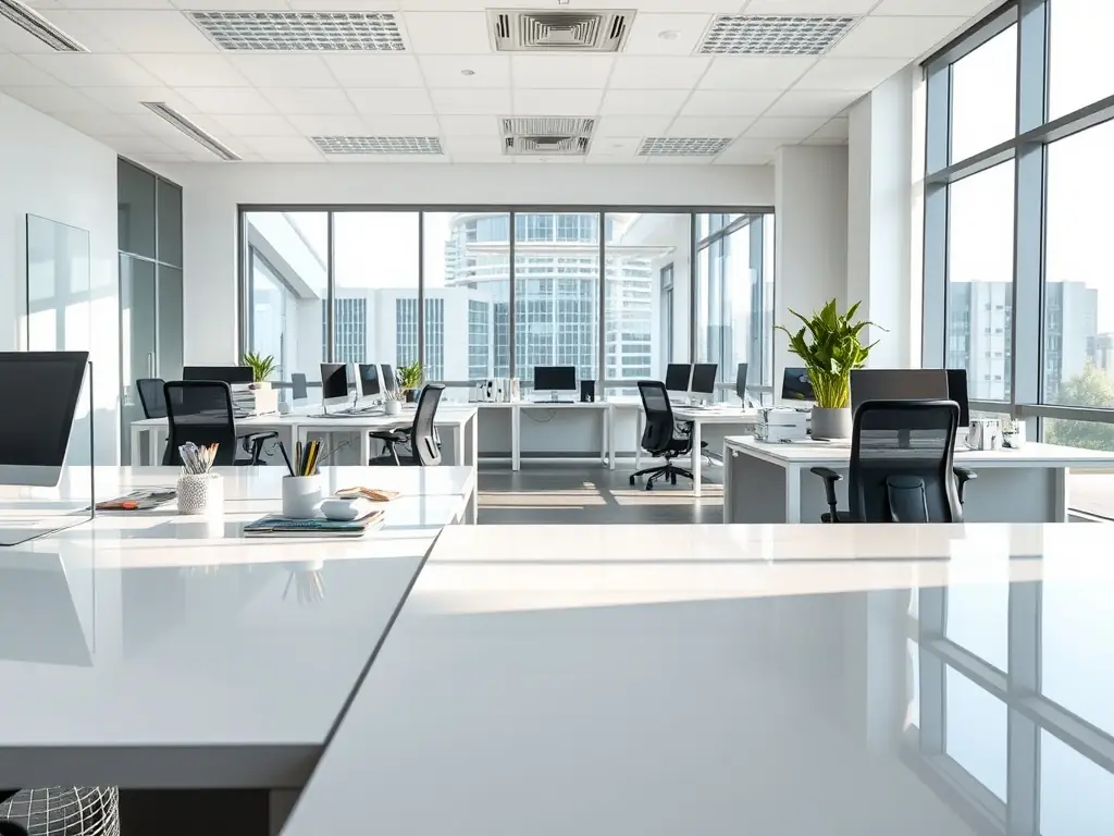 A brightly lit, modern office space with gleaming surfaces, showcasing the effectiveness of Elevated Clean Co's commercial cleaning services. Desks are tidy, and the atmosphere is fresh and inviting.