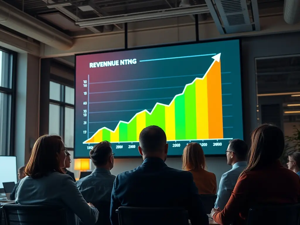 A dynamic image showcasing a business dashboard with upward trending graphs, symbolizing revenue growth and business success, set in a modern office environment.