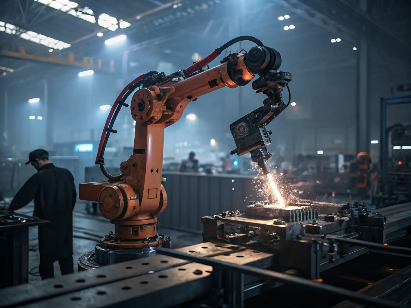 A stylized robot arm performing repetitive tasks, symbolizing the burden of manual processes in a business setting. The background is dark, with light blue accents highlighting the robotic arm.