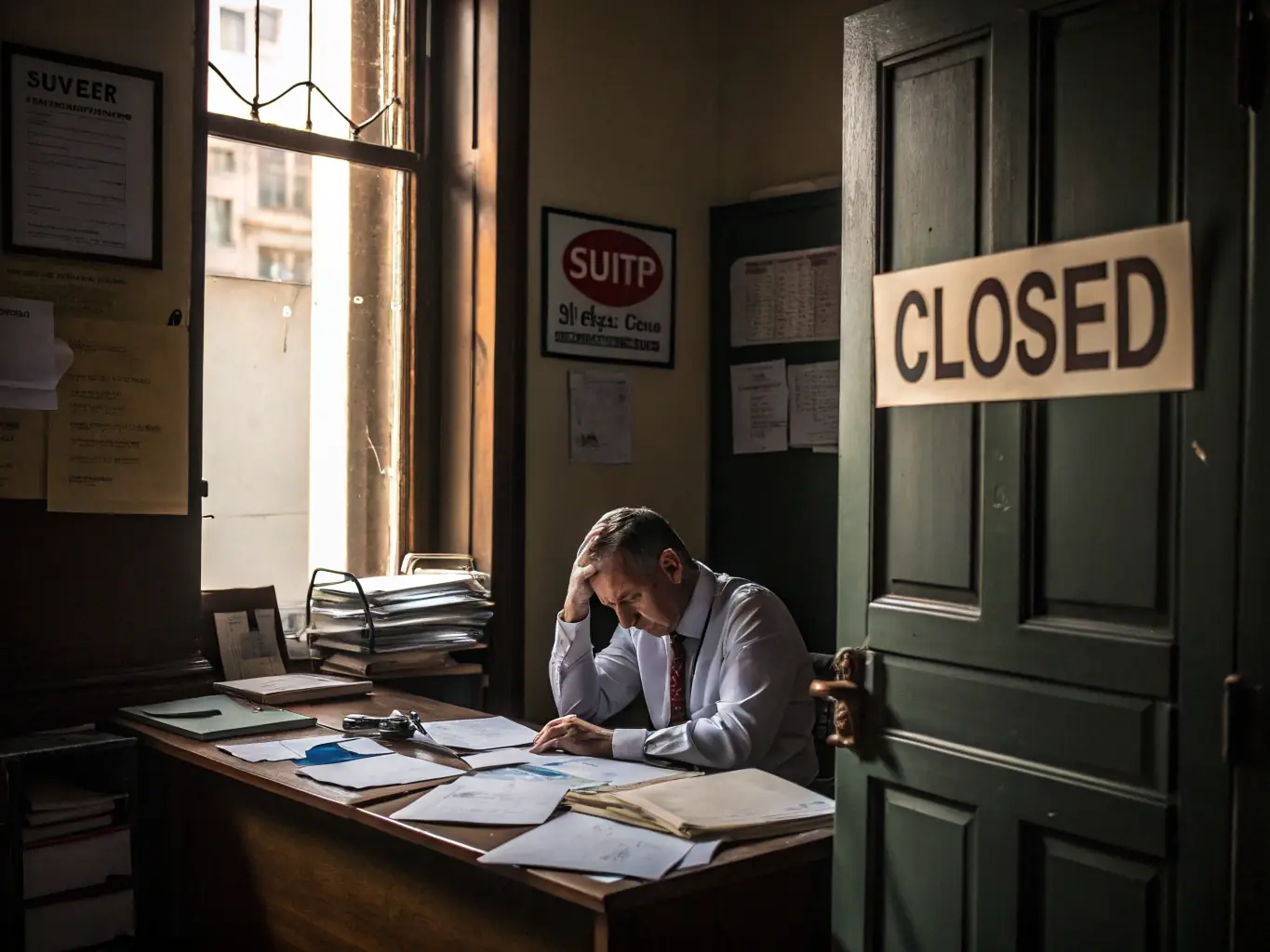 A stylized image representing manual data entry, with a frustrated business owner overwhelmed by paperwork and spreadsheets, symbolizing the inefficiencies of manual processes.