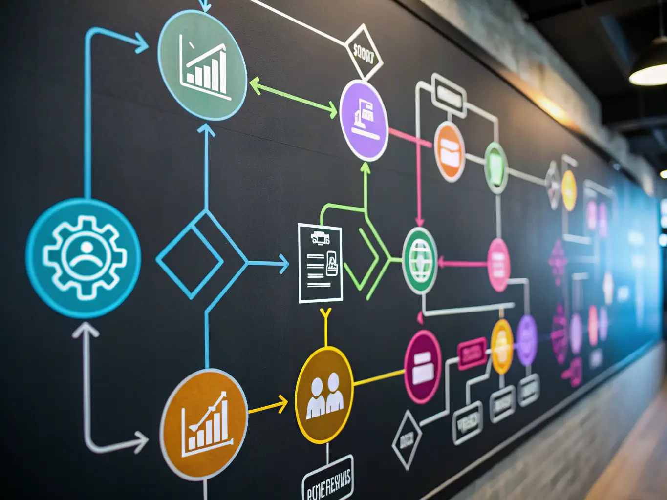 An image depicting a streamlined workflow process with interconnected nodes, representing optimized operations and efficiency gains within a business setting.