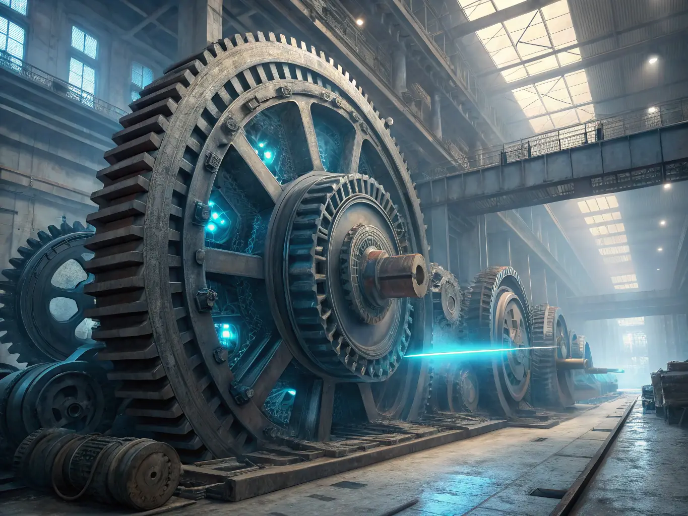Interlocking gears partially obscured by shadows, symbolizing hidden inefficiencies within business operations. The gears are metallic, with subtle light blue highlights on the edges.